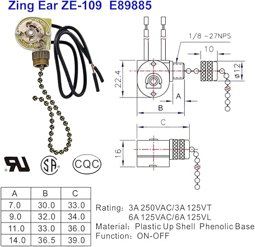 Miniatura 5 de Zing Ear ZE-109 - Interruptor de luz para ventilador de techo, dos cables con cables de tracción, interruptor de luz de control de encendidoapagado