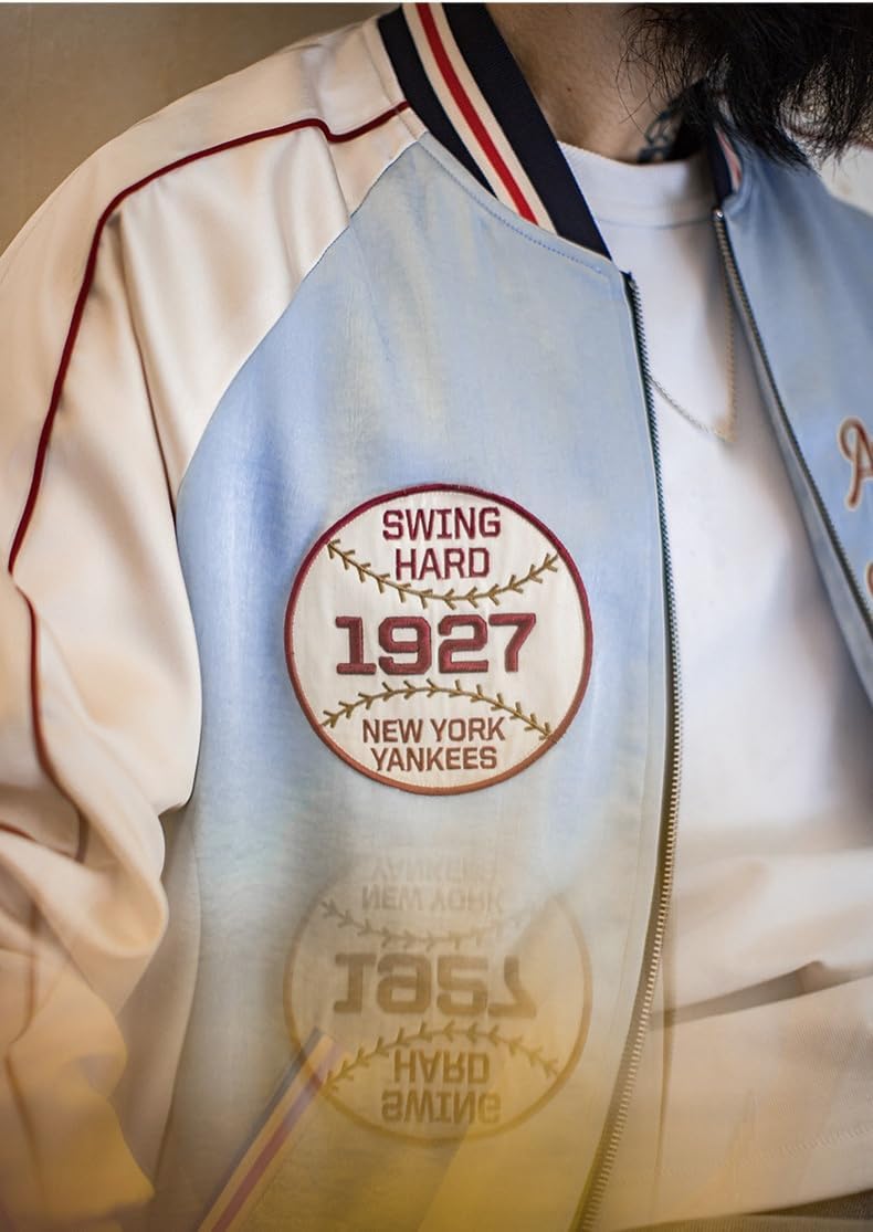 [Firmiarii] ショート丈 メンズ アウター 【ベースボールジャケット】 サテン パッチワーク 素材 秋向け レトロ 刺繍