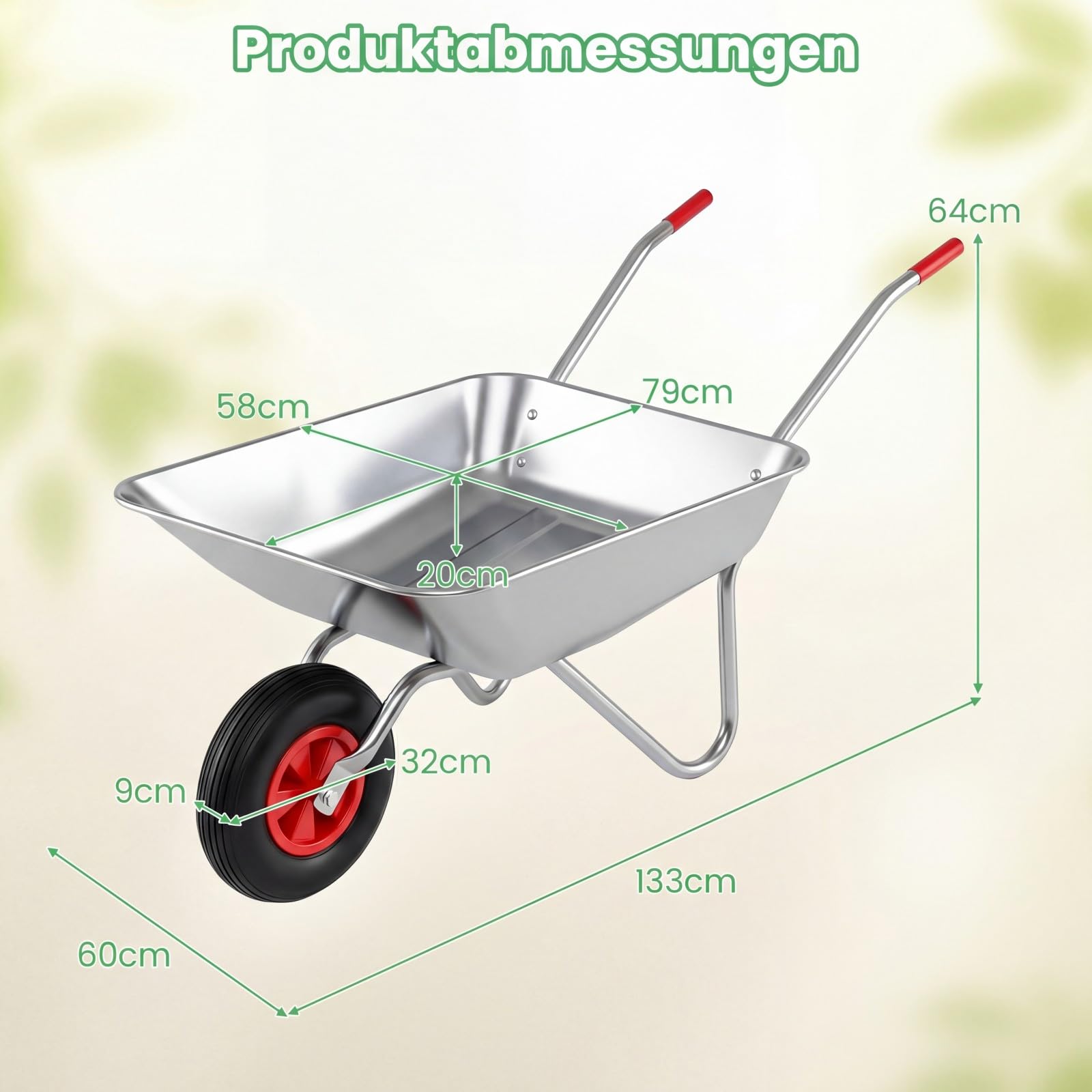 COSTWAY Schubkarre aus verzinktem Metall, 32 cm Gummireifen, Bauschubkarre mit 2 Griffen, Gartenschubkarre bis 136 kg, Schiebkarre Kippwagen Garten, Silber