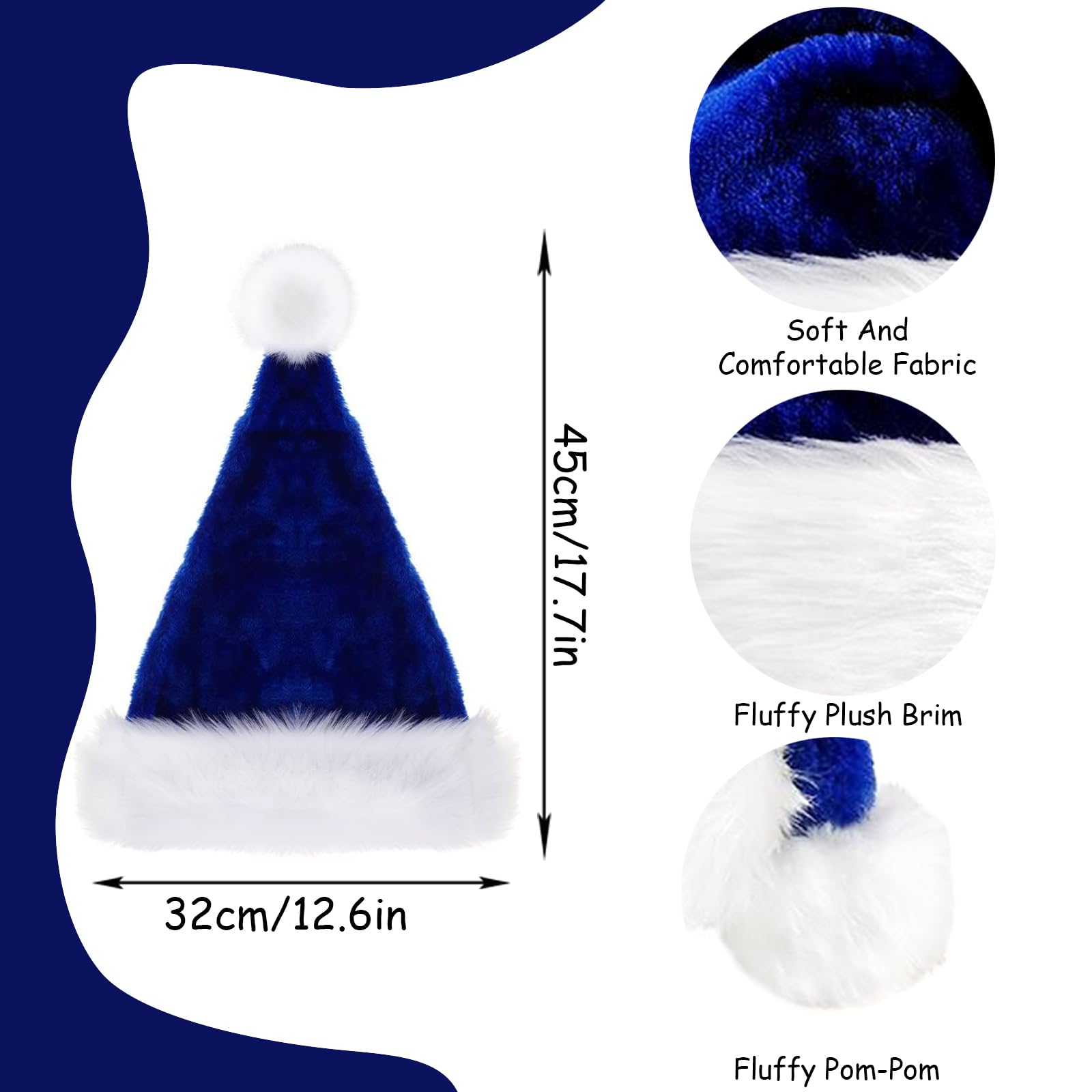 45cm Christmas Hats Santa Hat for Adults,2 Pcs Deluxe Velvet Xmas Santa Claus Hat,Unisex Velvet Comfort Christmas Party Hat Thicken Classic Fur for New Year Festive Christmas Party Supplies(Blue) - Image 2