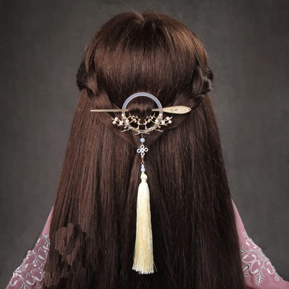 中国スタイル ロングタッセル ヘアスティック レトロ 韓服 蝶 金属 釉薬 ヘアフォーク ヘア箸 アンティーク パール タッセル ヘ