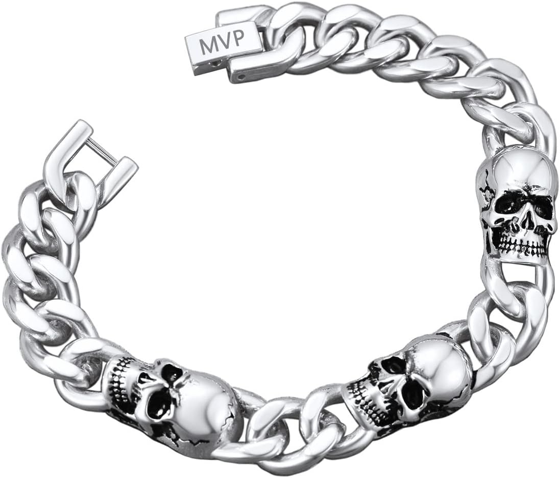 ChainsProMax Men Cuban Link Bracelet Skull Bracelets, 7.5"-9" Inches, Stainless Steel/Gold Plated/Black-Send Gift Box