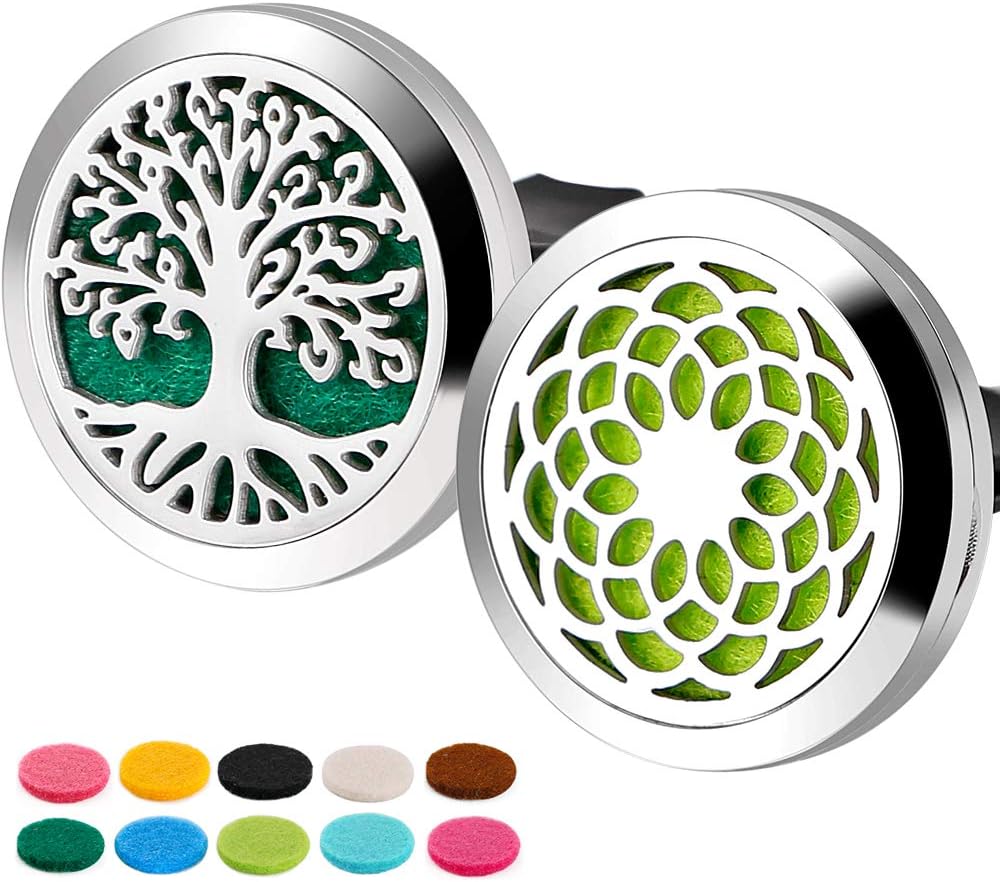 Maromalife Car Diffuser Vent Clip Aromatherapy Car Diffuser Clips Essential Oil Stainless Steel Locket Sunflower and Tree (2 Pack Set)