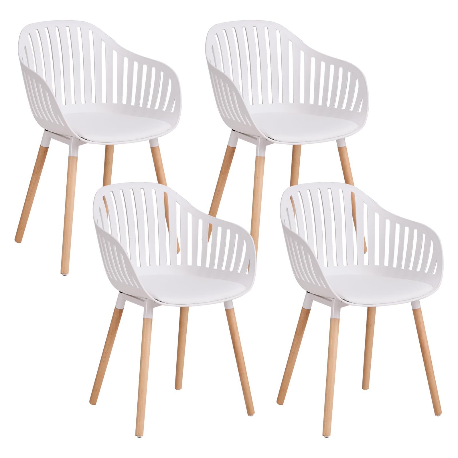 GrandCA HOME Juego de 4 Sillas Modernas de Comedor y Cocina con Reposabrazos y Cojines, Respaldo Hueco Vertical y Patas de Madera para Sala, Balcón y Oficina - Blanco
