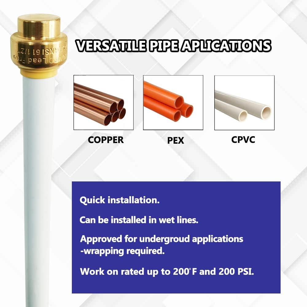 HQMPC 1/2" Push Fit PEX End Cap, Push-to-Connect Brass Plumbing Fittings No Lead Brass Plumbing Fittings with Disconnect Clip for Copper, CPVC 6 Pcs