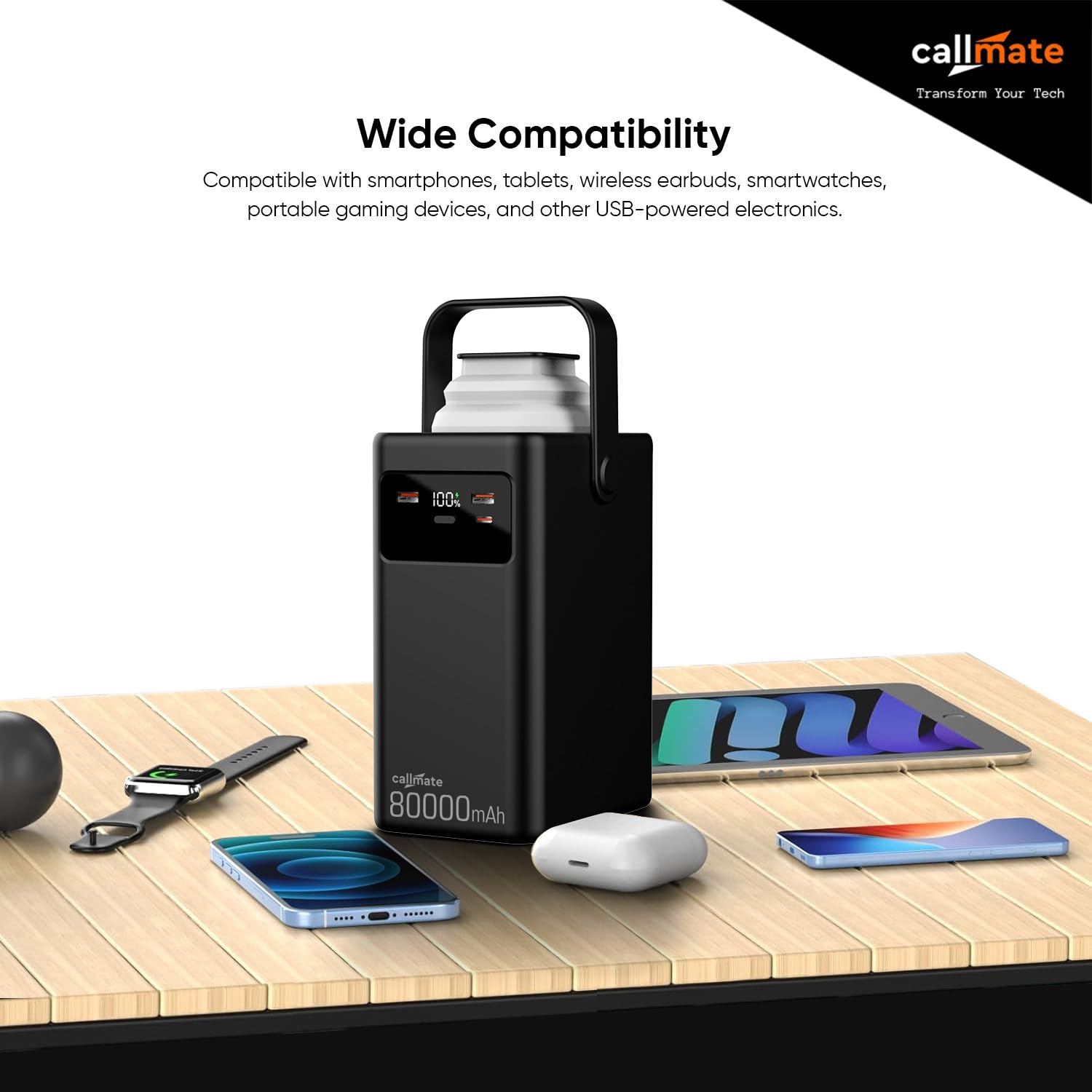 CALLMATE 80000mAh 23W Fast Charging Power Bank with 4 in 1 Built-in Detachable Cables, USB-C PD & Dual USB-A QC 3.0 Outputs with Lightn-ing Input & Digital Display (Black, Pop-Up LED Light) — Amazon image 4