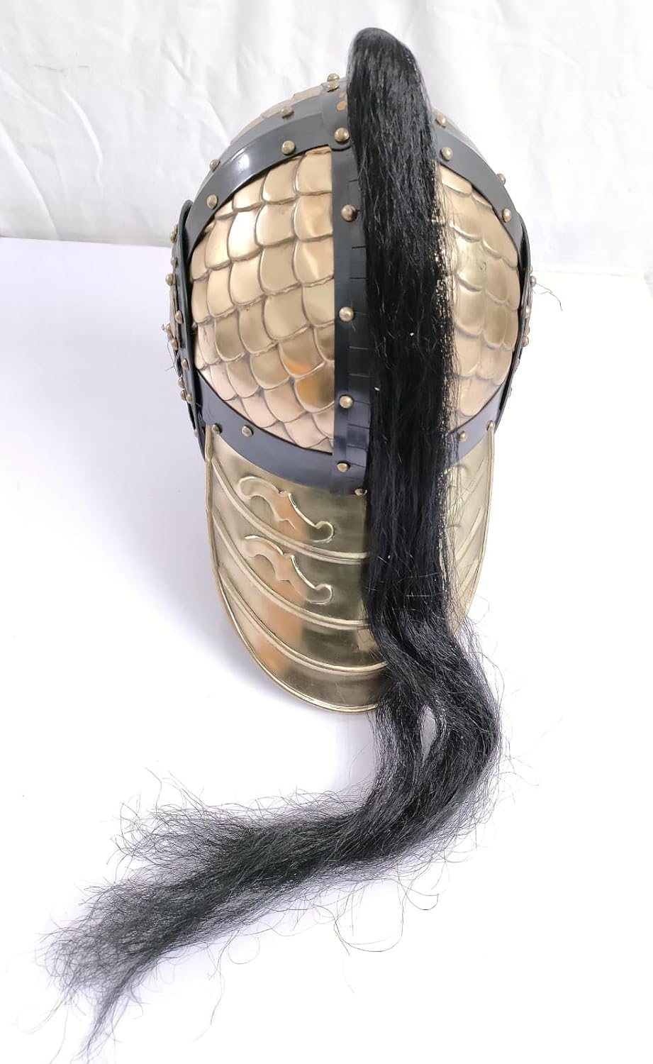 Medieval Snake Helmet, Gold and Black Scale Armor Style with Nose Guard and Black Plume