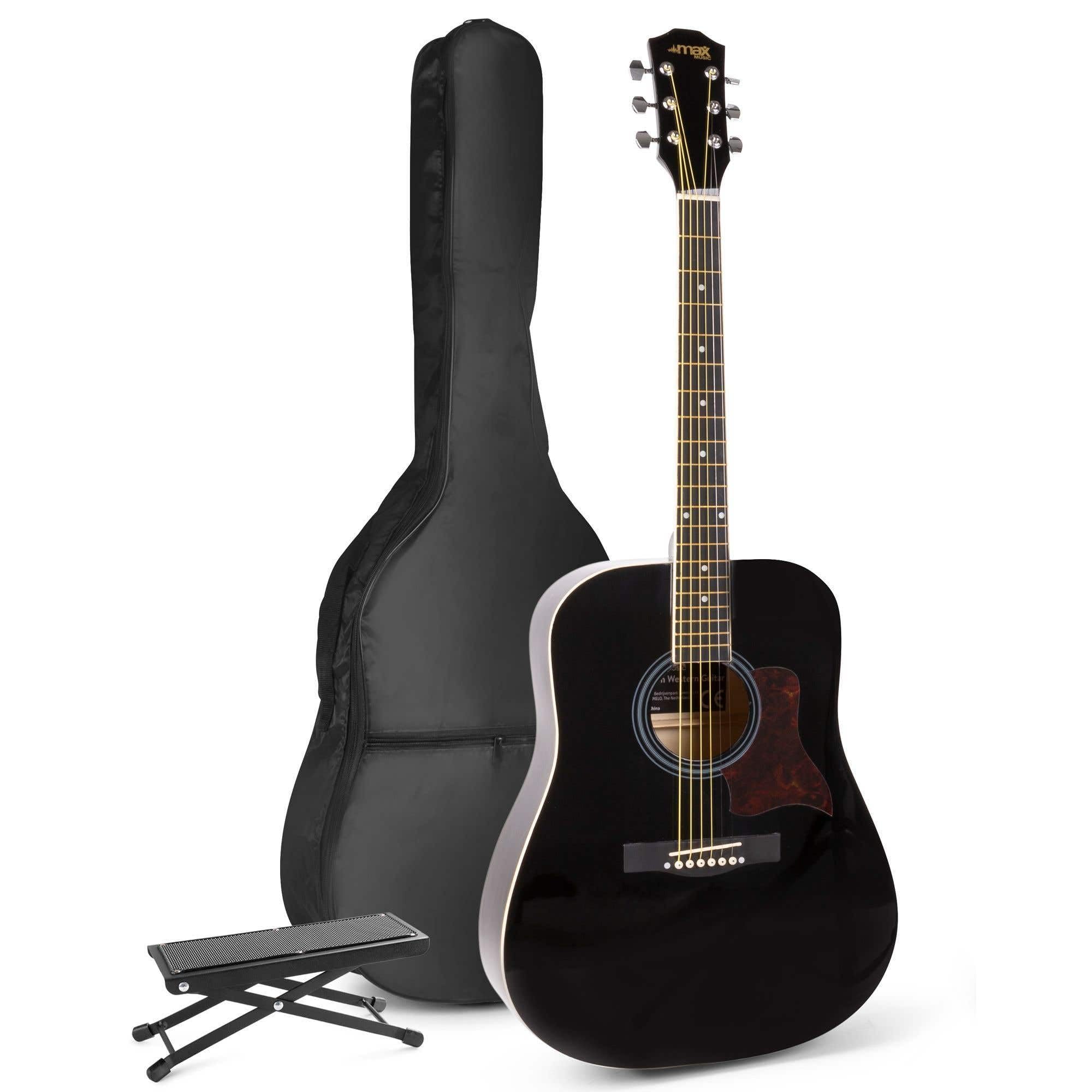 MAX SoloJam Akustik Gitarre Set - Westerngitarre, Fußstütze, Gitarrentasche, Plektrum, Gitarrenstimmgerät, Schultergurt, Saiten, Gitarren-Starterset mit Zubehör - Schwarz