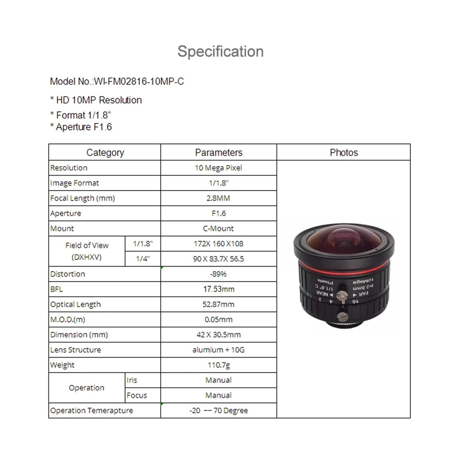 Obiektyw CCTV HD 4K C 10 megapikseli 2,8 mm szeroki kąt przysłony F1.6 Format 1/4.6 cm ręczna irys do kamer IP
