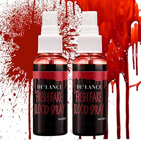 2 PCS Washable Fake Blood Spray,Halloween Fake Blood Splatter, DE'LANCI Liquid Blood for Clothes,Skin and Eye Drops,Squirt Fake Blood Makeup for Vampire Monster Zombie Bride and Costumes,100g(3.53 Oz) Cover