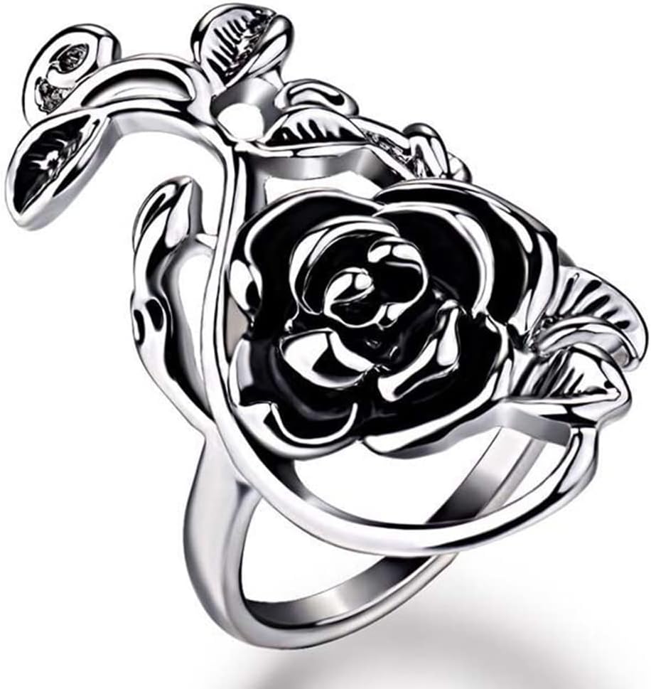 Black Rose Flower Stacking Rings for Women Men Dainty 925 Sterling Silver Plated Delicate Open Adjustable Everyday Ring Charm Personalized Jewelry Vintage Punk Fashion Band