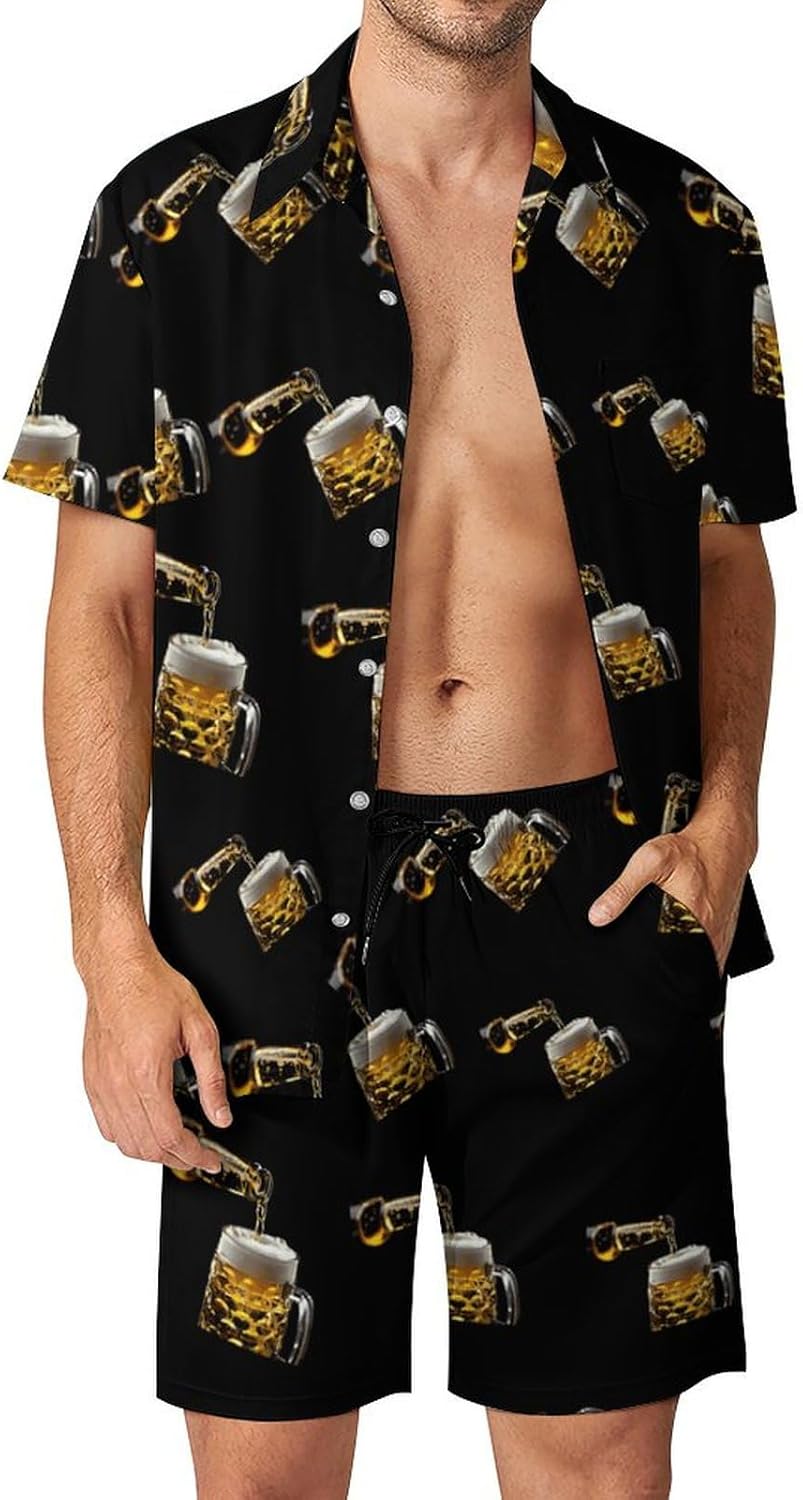 For The Love of Beer Men's Summer Beach Outfits Shirt And Shorts Set 2 Piece Vacation Swimwear
