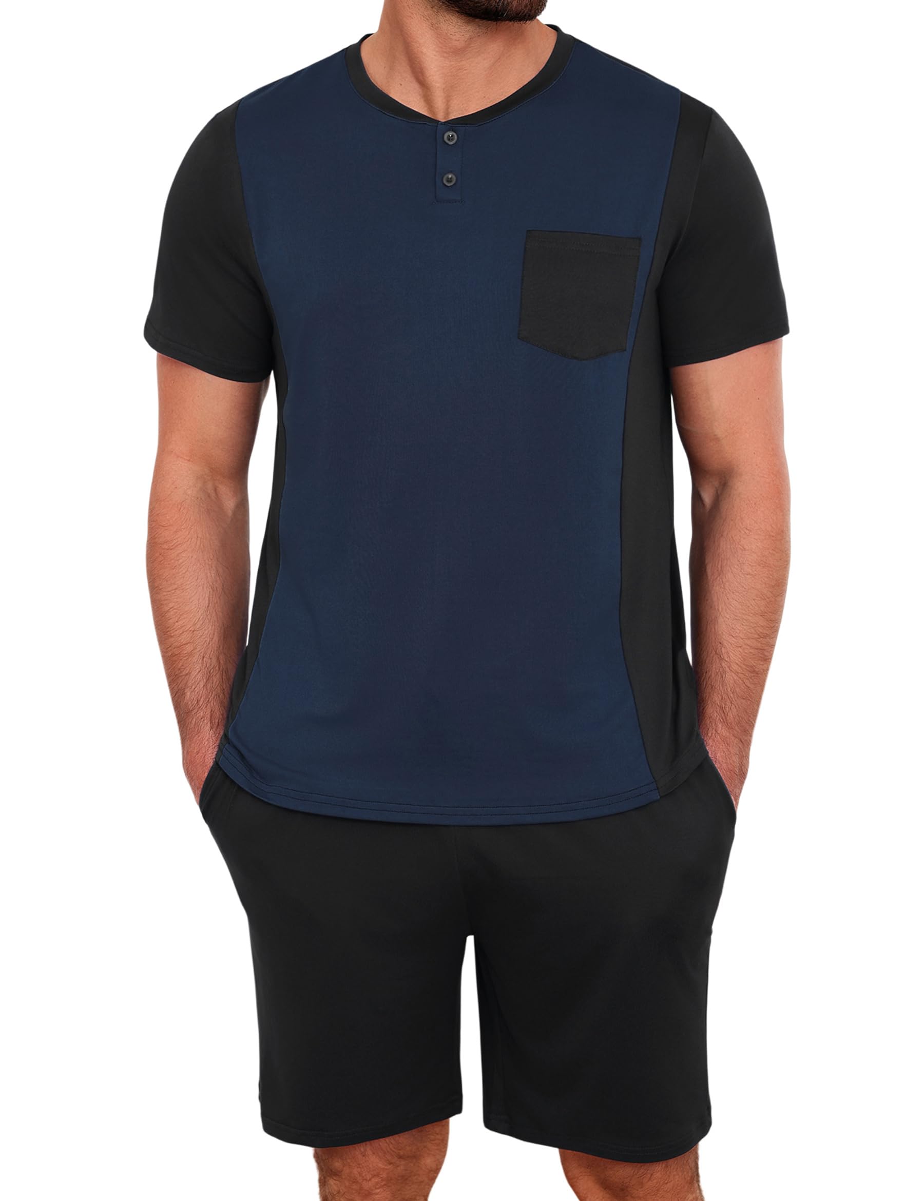 Jahetuul Schlafanzug Herren kurz Schlafhose Rundhalsausschnitt Knopf Pyjama Sommer Schlafanzüge für Herren Pyjamashort Nachtwäsche Männer