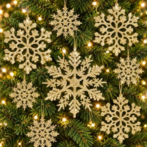 Image of 32 Pcs Glitter Snowflakes Set, Festival Gold Christmas Tree Decorations