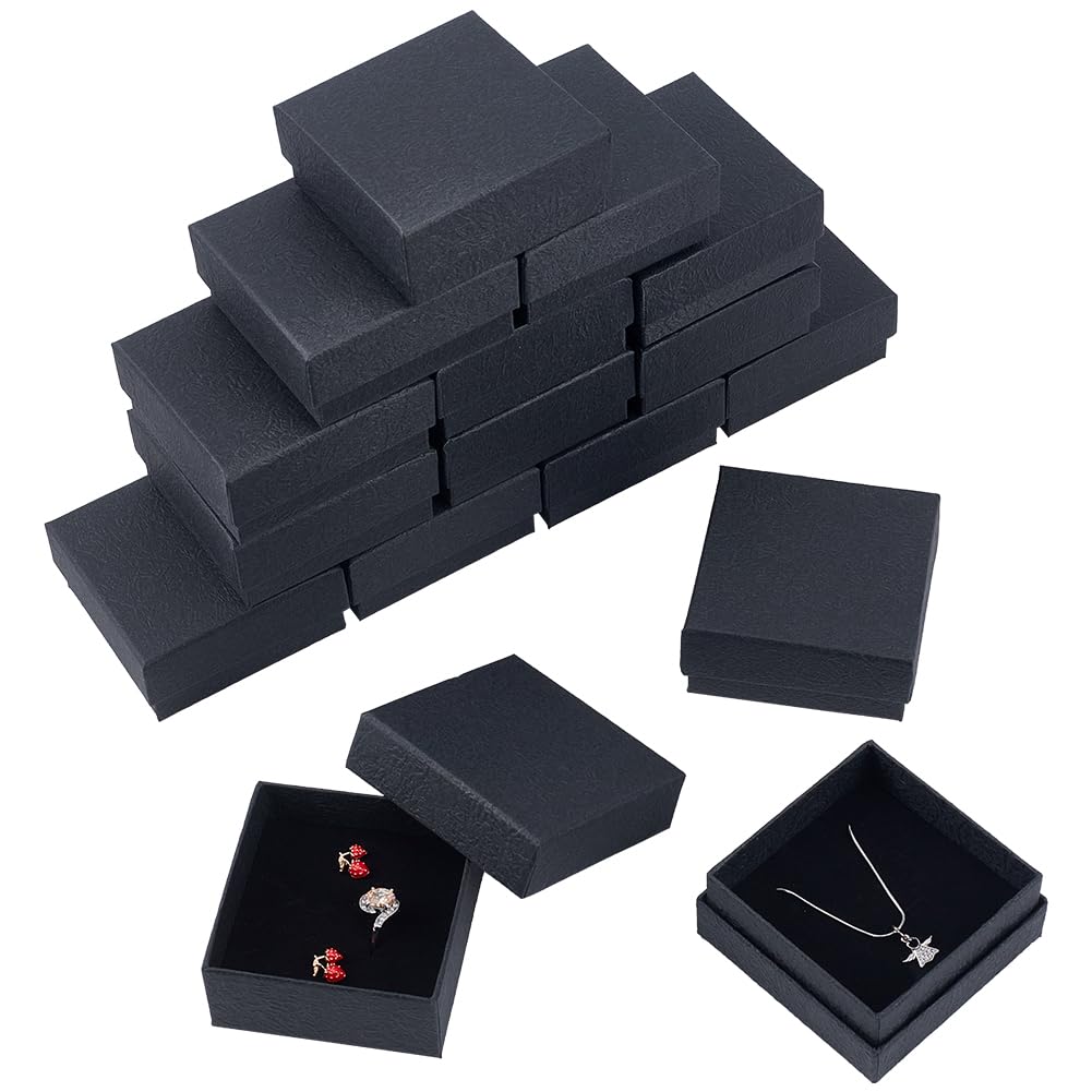 nbeads 16 Stk. Textur Papier Schmuck Geschenk Boxen, 9.1x9.1x2.9cm Schmuck Aufbewahrungsbox mit Schwamm Matte Geschenkboxen mit Deckel Verpackungsboxen für Ring Halskette Armband, Schwarz