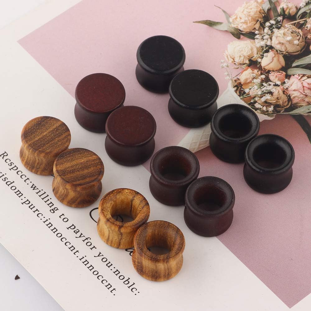 TIANCI FBYJS 12pcs Vintage Natural Brown Black Wood Organic Ear Tunnel Plugs Stretcher Gauges for Men and Women Hollow Solid Wooden Gauges For Ear