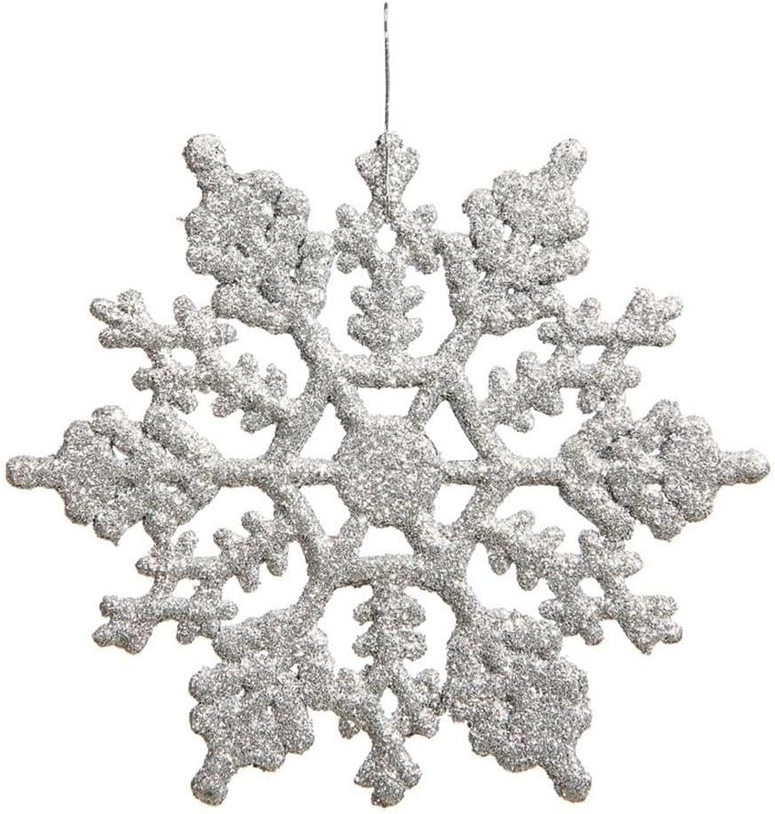 Vickerman 4" Silver Glitter Snowflake Ornament Set - Sparkly Shatterproof Snowflakes with Matching Glitter Accents and Nylon Hanging String (24 Snowflakes per Box)
