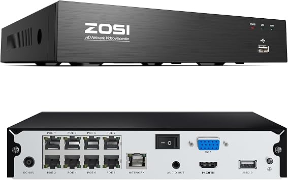 ZOSI 8CH 4K PoE NVR, H.265+ 8-Port 16-Channel Network Video Recorder, No Hard Drive Included, AI Person/Vehicle Detection, 24/7 Recording, Works with ZOSI 4K/5MP/3MP PoE Cameras