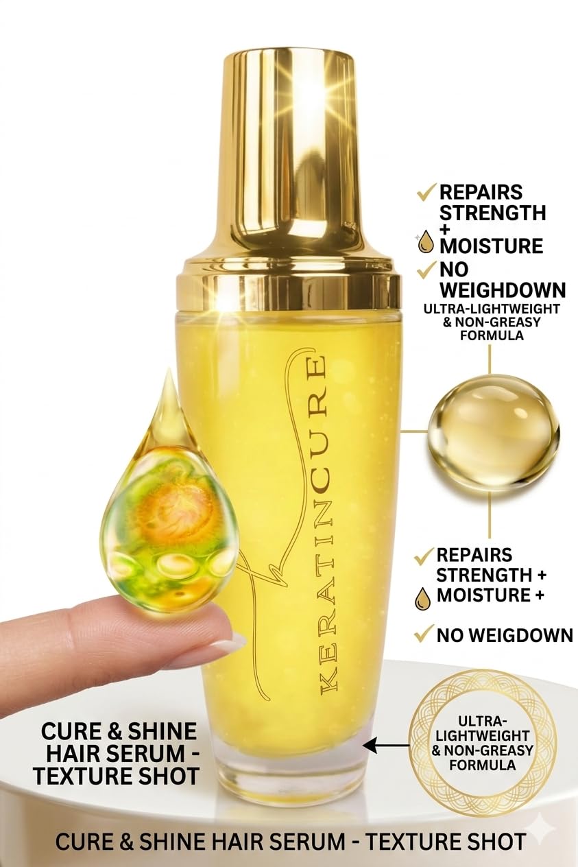 Keratin Cure Hair Serum — Anti-Frizz, Shine & Heat Protectant with Argan, Marula & Coconut Oil | Lightweight Leave-In Treatment for Straight, Wavy & Curly Hair | Men, Women & Kids | 4 oz