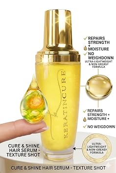 Keratin Cure Hair Serum Anti-Frizz, Shine & Heat Protectant with Argan, Marula & Coconut Oil | Lightweight Leave-In Treatment for Straight, Wavy & Curly Hair | Men, Women & Kids | 4 oz