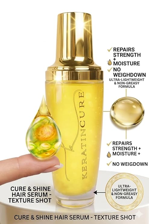 Keratin Cure Hair Serum Anti-Frizz, Shine & Heat Protectant with Argan, Marula & Coconut Oil | Lightweight Leave-In Treatment for Straight, Wavy & Curly Hair | Men, Women & Kids | 4 oz