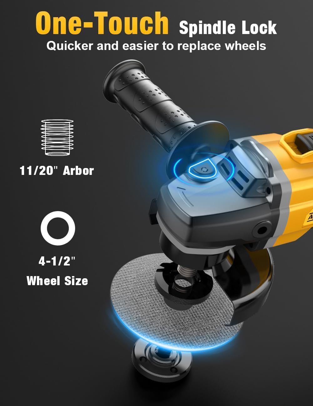 Brushless Angle Grinder, for DEWALT 20V Battery, 4-1/2" Cordless Small Angle Grinder with Auxiliary Handle, 10 Sandpapers, 2 Cutting & 2 Grinding Wheels, Pin Wrench, Lock-on Slide Switch for Polishing