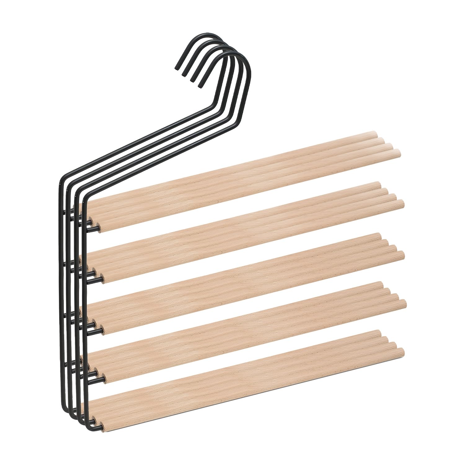 COM-FORT HOUSE Hosenbügel aus Metall mit Holzstange, 4 Stück, schwarze Kleiderbügel, dünn und robust, um Ihre Kleidung zu sortieren, mit 5 Ebenen zum Aufhängen