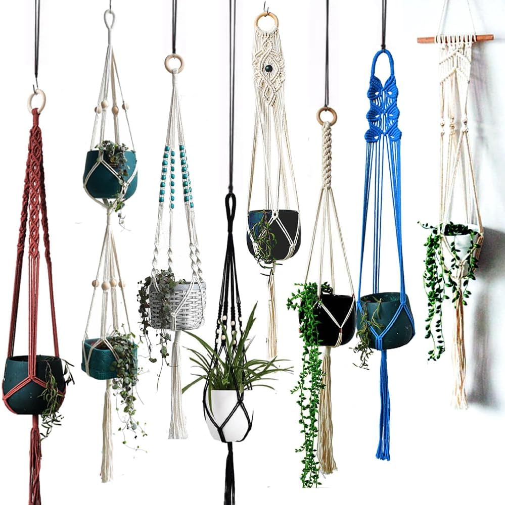 8-Pack Macrame Plant Hanger, Boho Indoor Window Pot Hanger with Wooden Beads, Ha…
