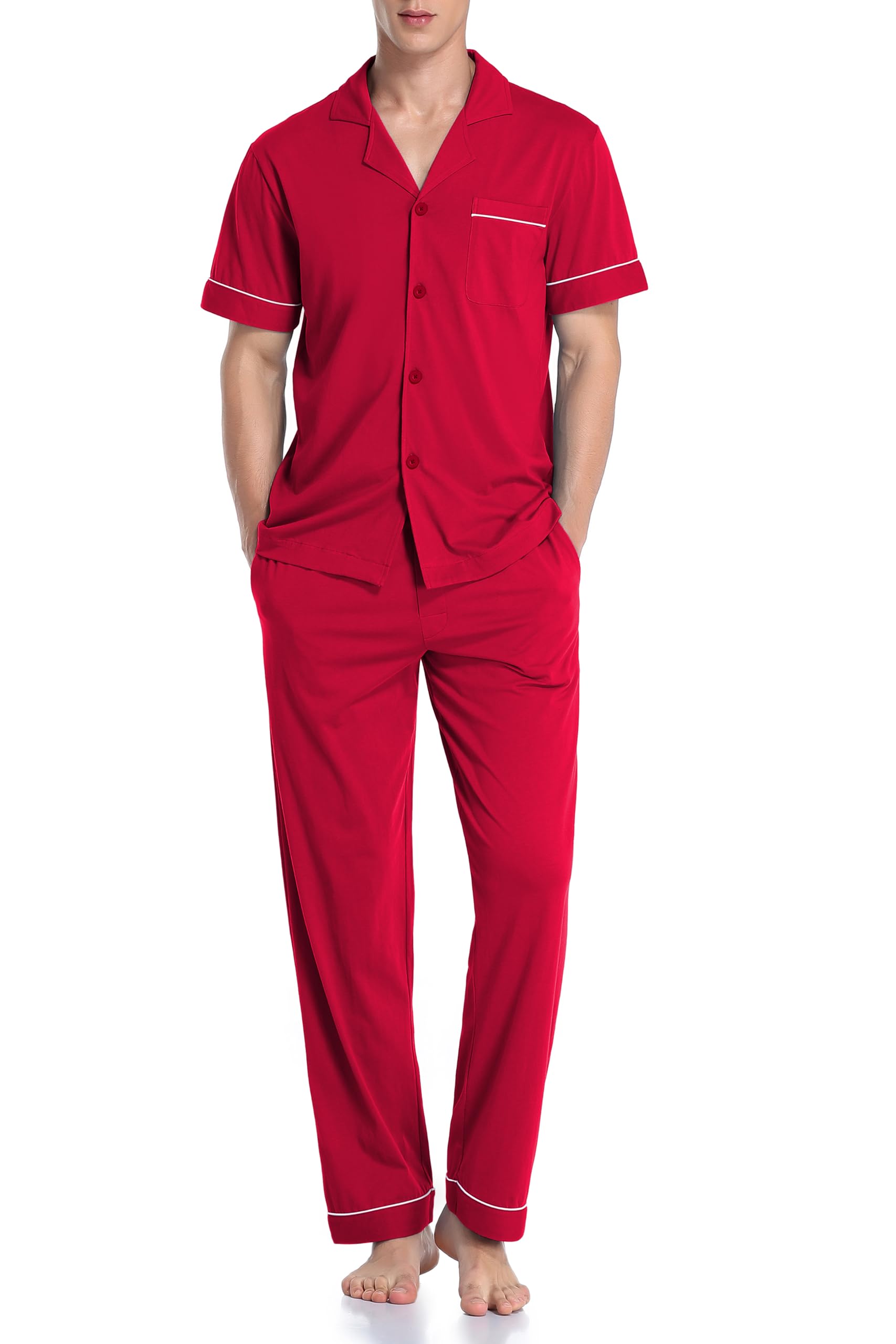 COLORFULLEAF Men's 100% Cotton Pajamas Set Button Down Sleepwear Short Sleeve and Long Pants Pjs