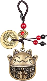 Brass Maneki Neko Lucky Cat Keychain with Feng Shui Coins, Maneki Neko Statue Good Luck Charms Lucky Tassel