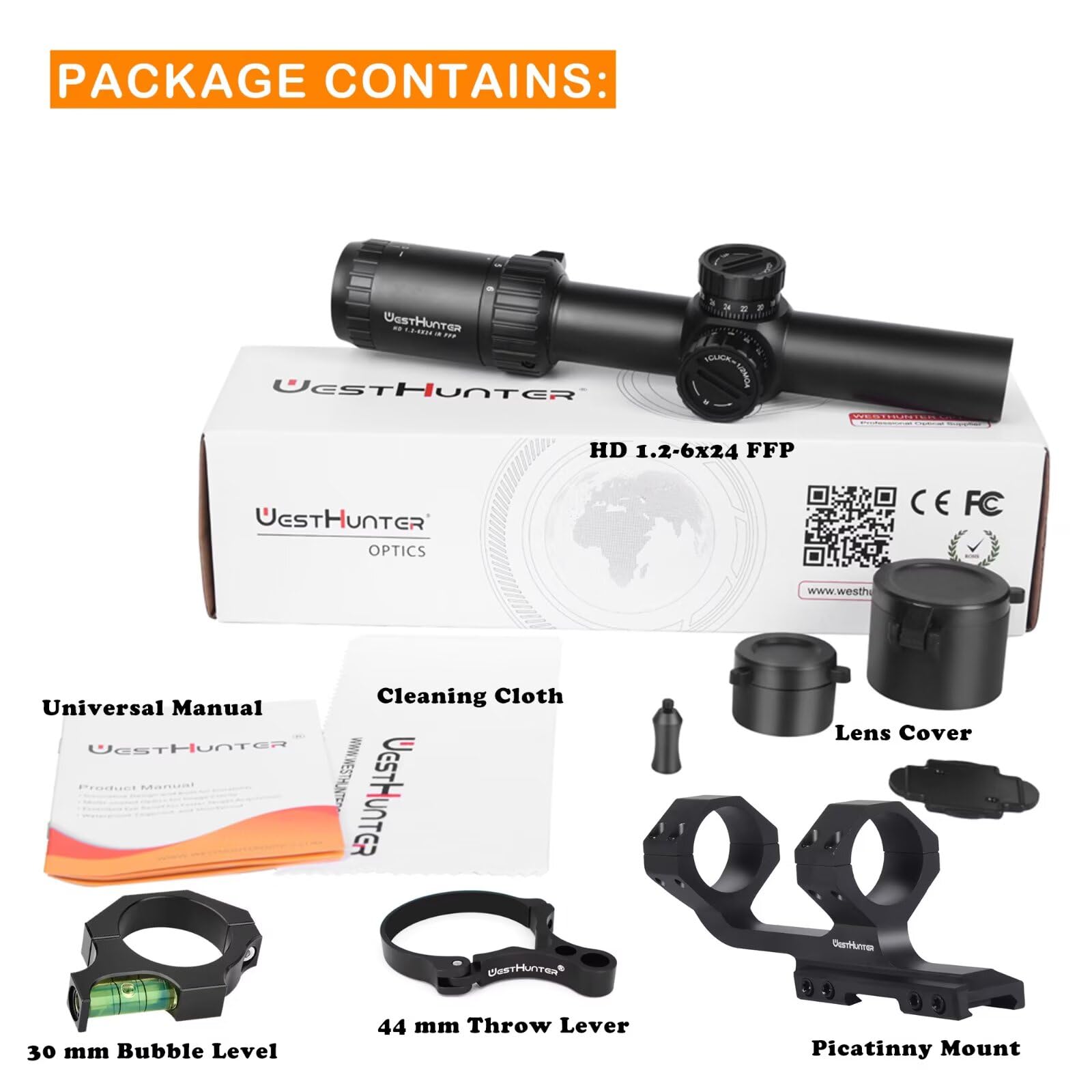 WestHunter Optics HD 1.2-6x24 IR FFP LPVO Mira Telescópica, Tubo de 30mm, Retícula Iluminada Roja/Verde, Precisión 1/2 Moa - Indicada Únicamente para Actividades Deportivas