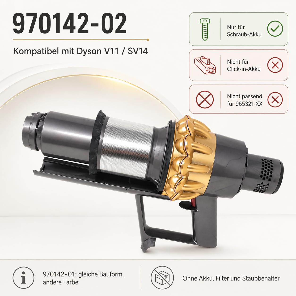 970142-02 - Carcasa principal del motor con ciclón compatible con Dyson V11 SV14 batería de tornillo, color dorado, equivalente a 970142-01