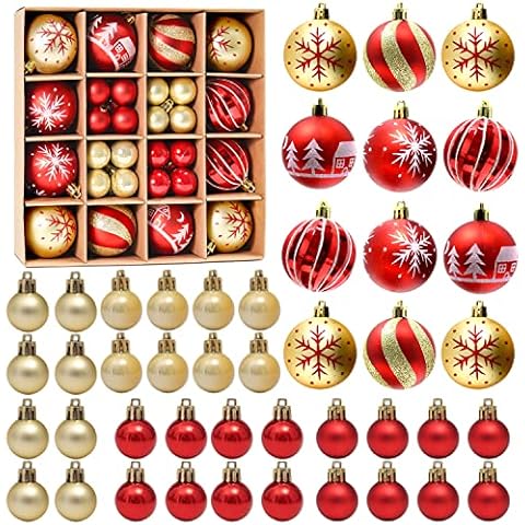 PEMOTech Christmas Baubles, 44 Pcs Shatterproof Christmas Tree Balls Ornaments, Christmas Decorative Hanging Baubles for Home Party Holiday Wedding Tree Decorations Xmas Gifts 3cm 6cm (Red & Gold) Cover
