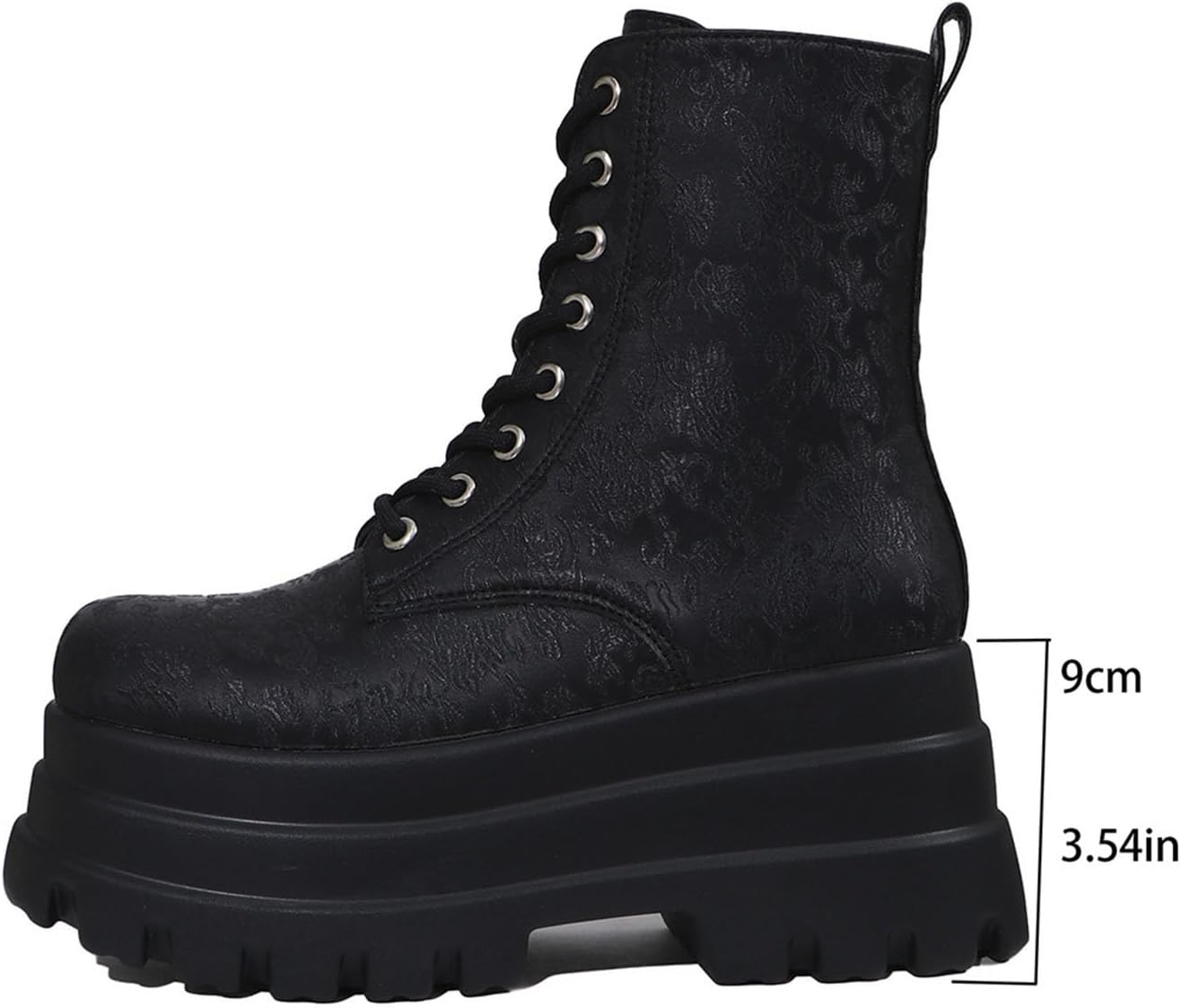 Women's Lace-Up Ankle Boots with Patterned Design, Round Toe, Platform Sole, and Side Zipper