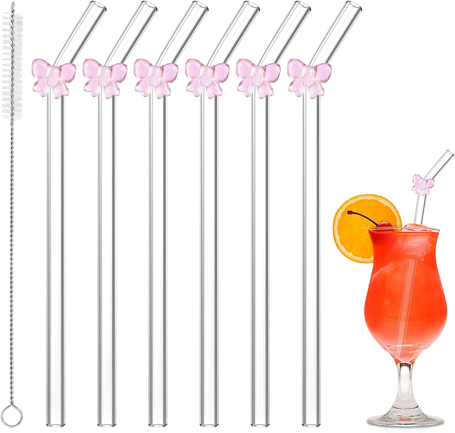 Pack of 6 Glass Straws Reusable Glass Straws with Cleaning Brushes Glass Straws with Motif for Juices Cocktails Smoothie Milk Coffee Tea Slush - 20 cm