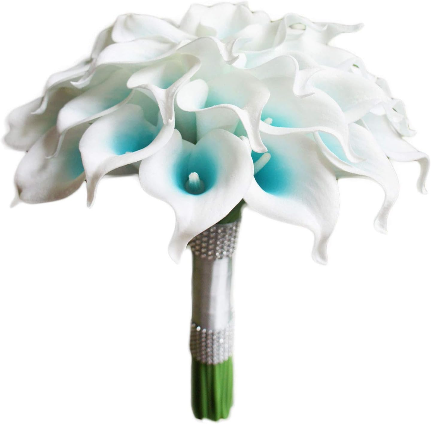 Artificial Wedding Floral Set Turquoise and White Calla Lily with Silver Ribbon and Bling (3 Dozen Big Bouquet)