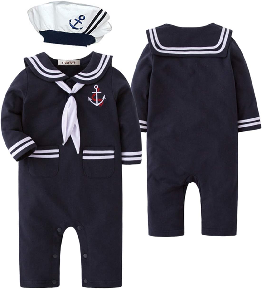 stylesilove Baby Toddler Boys Marine Sailor Cotton Romper with Hat and Necktie 3pcs Festival Jumpsuit