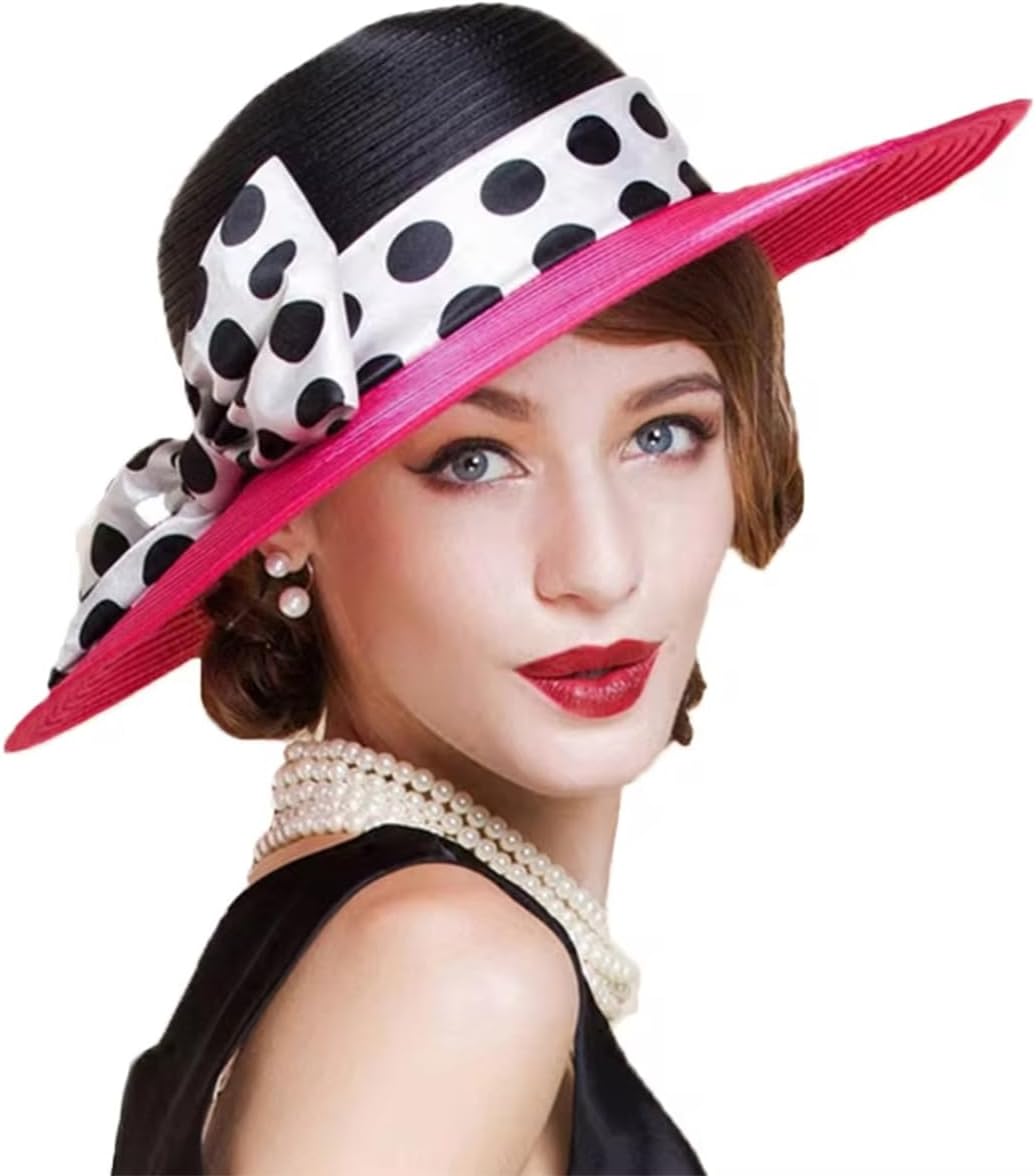 Women Wide Brim Rose Black Patchwork Kentucky Hat for Wedding Party Hat Big Bowknot Polka Dots Fedora Hats