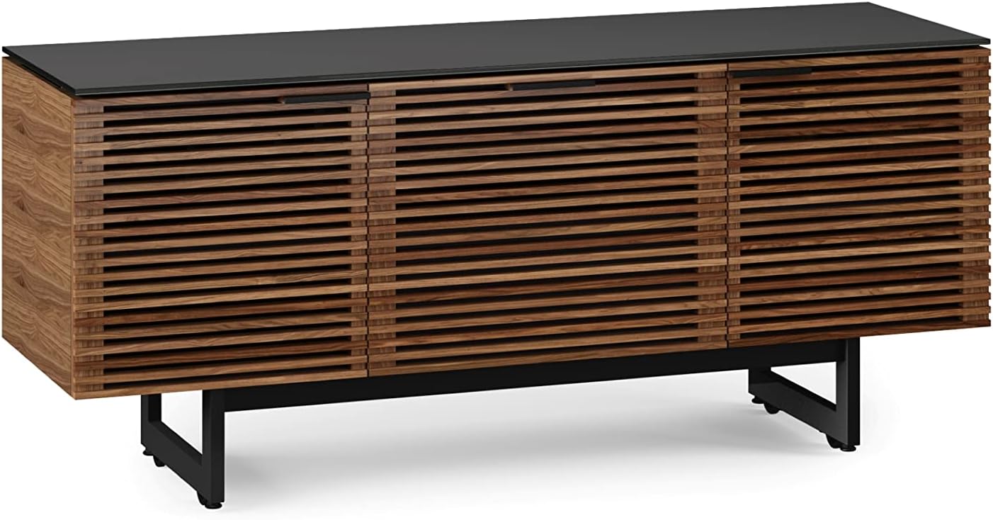 BDI Furniture Corridor 8177-65'' TV Stand for TVs up to 70" with Soundbar Shelf, Storage Drawer, Cable Management, Remote-Friendly Louver Doors, Satin-Etched Glass Top, Natural Walnut
