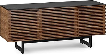 BDI Furniture Corridor 8177-65'' TV Stand for TVs up to 70 with Soundbar Shelf, Storage Drawer, Cable Management, Remote-Friendly Louver Doors, Satin-Etched Glass Top, Natural Walnut