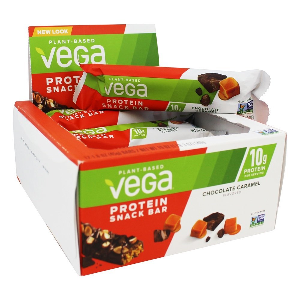 Nutrition Facts label for Vega Protein Snack Bar, showing 190 calories, 10g protein, 8g total fat, 4g fiber per bar.