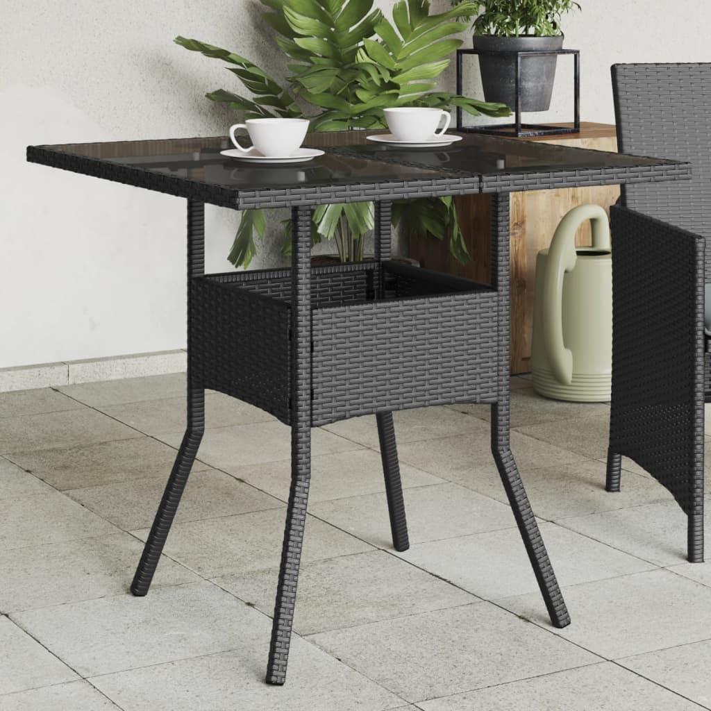 SXZenSpace 80 cm Black Rattan Garden Coffee Table, Tempered Glass Top Bistro Patio Side Table with Steel Frame, UV-Resistant Outdoor Small for Balcony, Deck & Camping Use