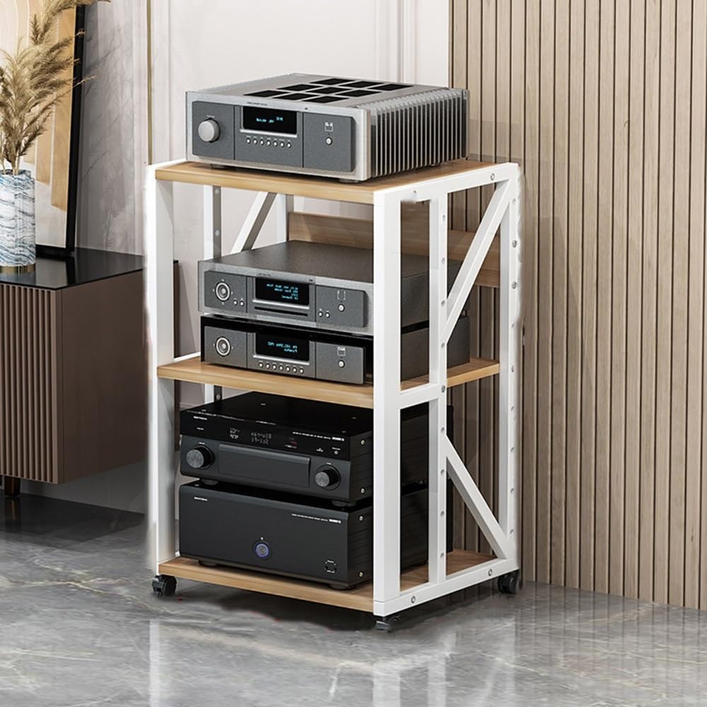 CWCQGH Adjustable 5 Tier Media Stand with Wheels Movable Audio Rack for Stereo & Height Adjustable Media Storage Cabinet Black Finish Perfect for Home Theater & Entertainment Ce,White-3 Tier
