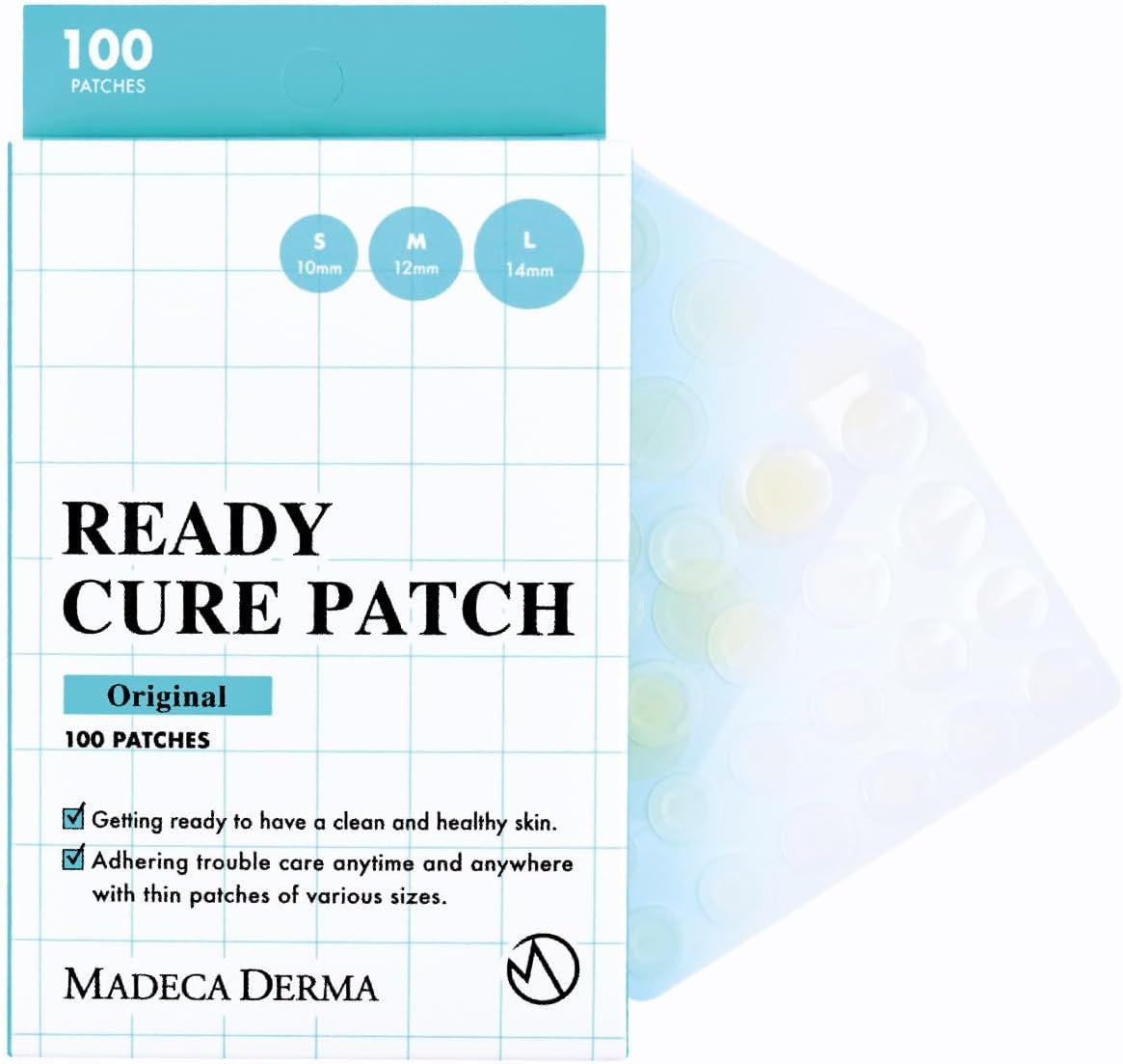 DERMA Ready Cure Patch Original – Hydrocolloid Acne Patches, Large Pack for Long-Term Use, Multi-Size for Spot, Pimple, Zits & Blemishes Coverage, Ideal for Daily Use (100 Patches / 10,12,14mm)
