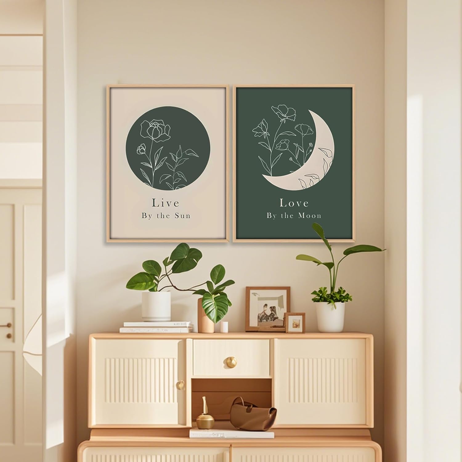 Framed Green Boho Sun and Moon Wall Art Set of 2 for Bedroom Modern Abstract Line Art Canvas Prints Motivational Quotes Picture Wall Decor Minimalist Bohemian Paintings for Living Room16x24Inches