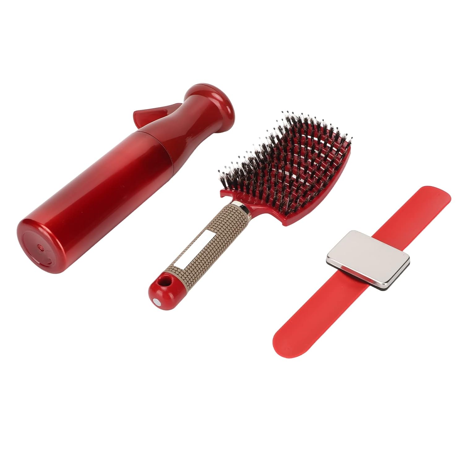 Detangling Curved Vent Brush with Spray Bottle, Hair Clip and Wristband Holder, Professional Hair Styling Tool for Salon and Home Use, Soft Nylon for Gentle Scalp Massage (Red)