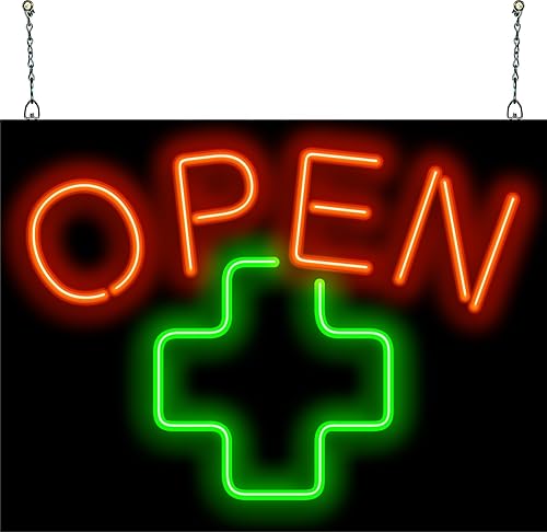 Letrero de neón abierto con cruz médica, 24 pulgadas de ancho x 18 pulgadas de alto, letrero de neón doblado a mano real, letras rojas con una cruz