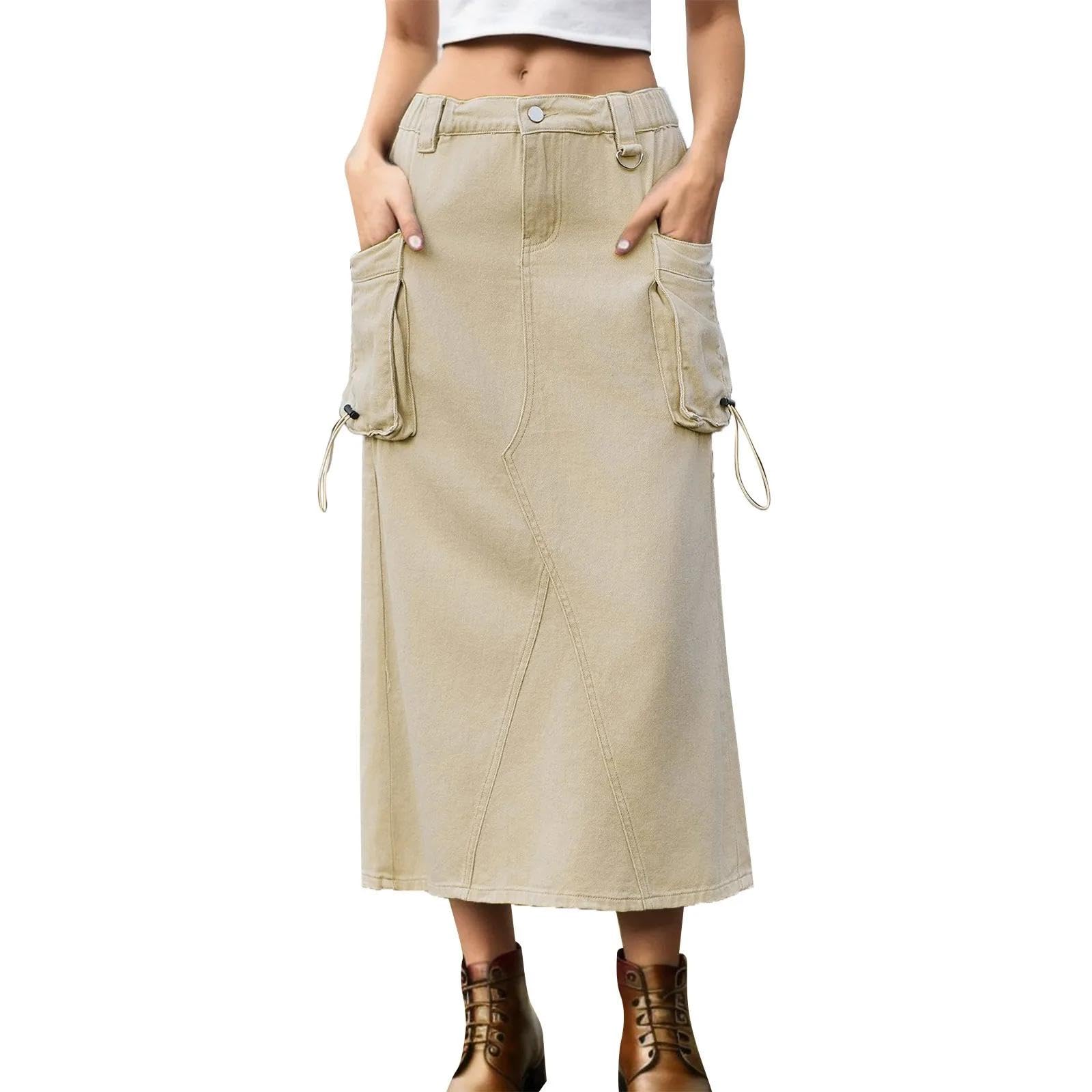 Rock Damen Langer Taille Skirt Linie Falten Cargo-Jeansröcke Damen Bodycon-Rock Mit Kordelzug Langer Rock