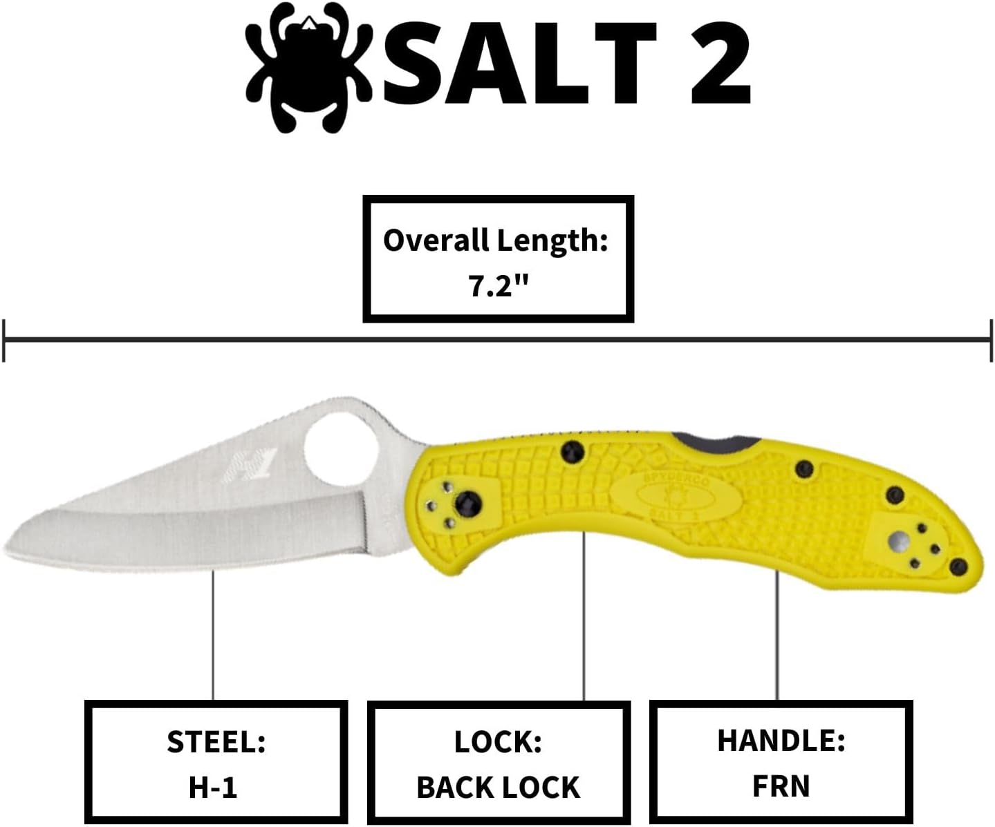 Spyderco Salt 2 Lightweight Knife with 3" H-1 Ultra-Corrosion Resistant Steel Blade and Yellow FRN Handle - PlainEdge - C88PYL2