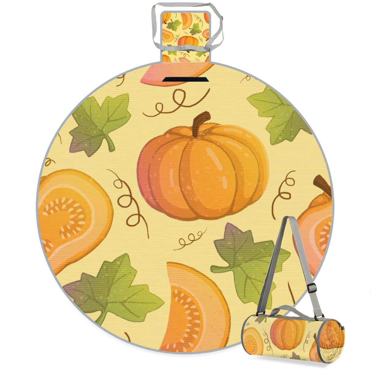 Shimoshe Fall Pumpkin Maple Leaf Picnic Outdoor Blanket Foldable Waterproof Sandproof Beach Blanket Portable Water-Resistant Round Picnic Mat for Travel Camping Park Lawn